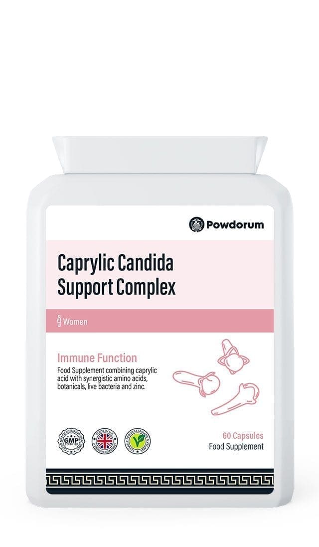 Powdorum Caprylic Candida Support Complex capsules with caprylic acid, probiotics, and antifungal herbs for Candida and gut health support